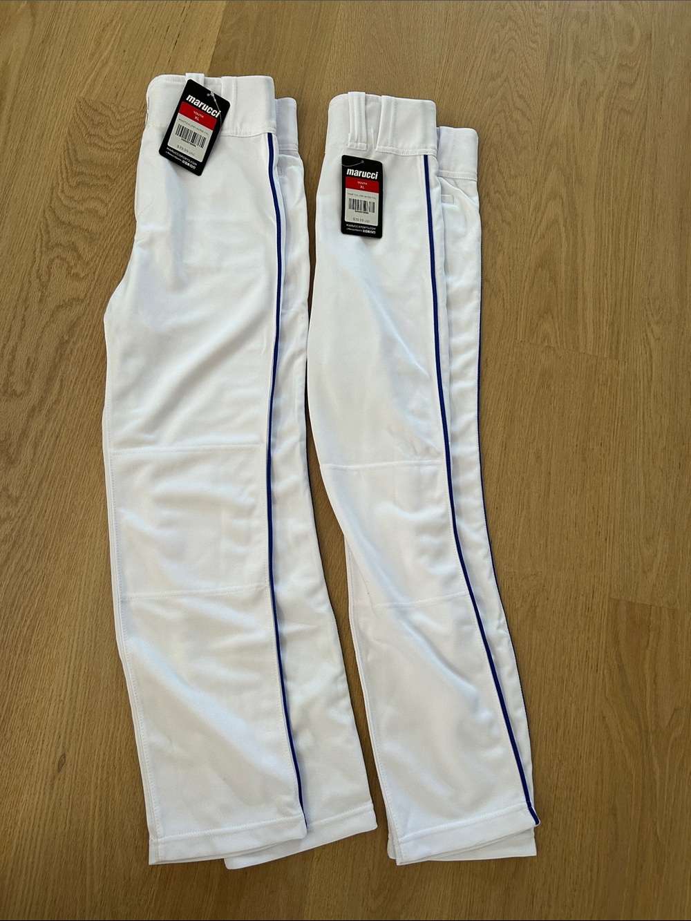 NWT Marucci Kids White Baseball Pants with Blue Piping - Youth XL
